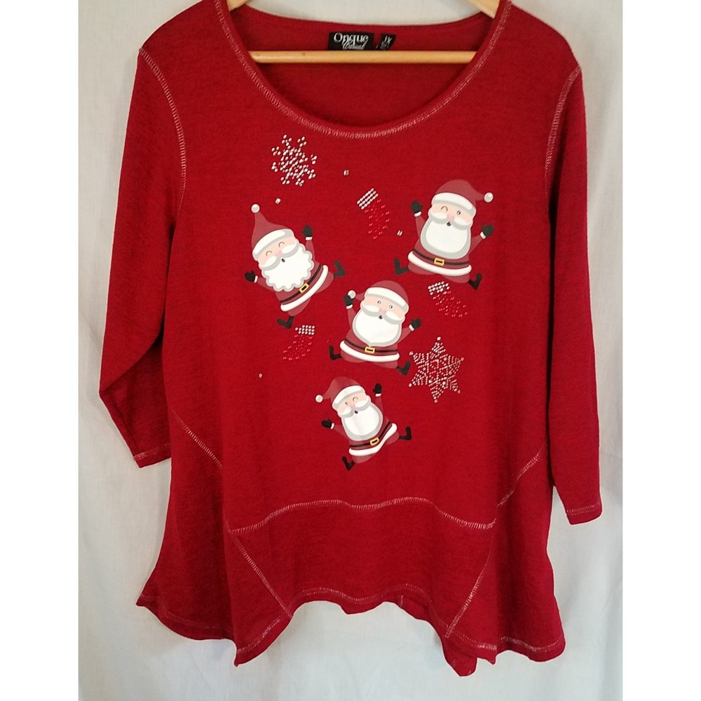 Onque Casuals Holiday Christmas Santa Claus Studded Top 1X 3/4 Sleeve Pullover